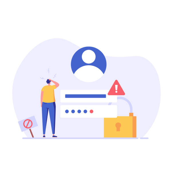 Man forgot the password. Concept of forgotten password, key, account access, blocked access. Vector illustration in flat design for web page, landing, web banner